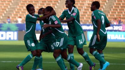 Nigeria's women's U-20 national team, The Falconets, celebrates a goal n the final Group B match of the ongoing FIFA U-20 Women’s World Cup in Japan./ Photo: FIFA/Getty